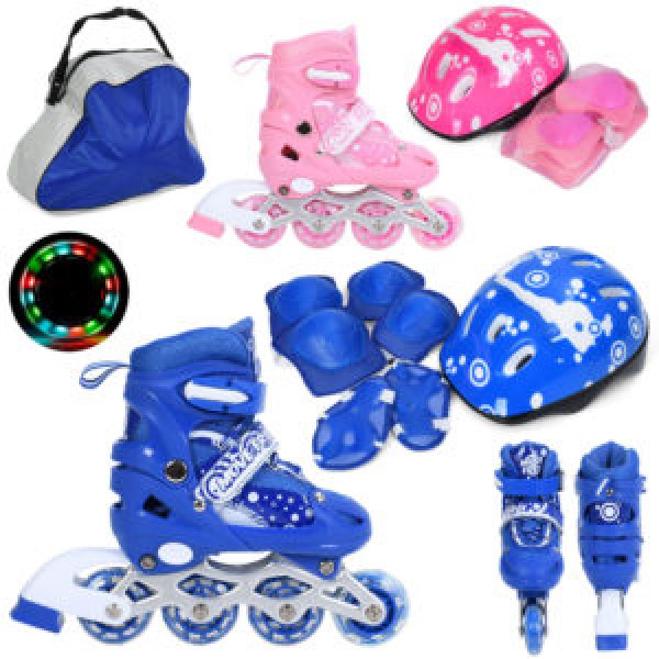 249596 Ролики A4161-S (31-34)розсувні,шнурівка+бакля,алюм.рама,колеса ПВХ64мм 1світ, уст.17см.шолом.захист