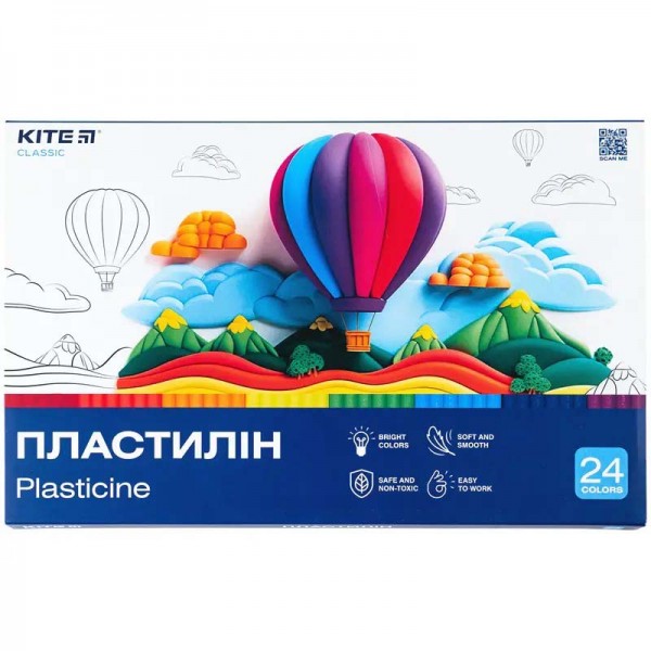 168494 Пластилін, 24 кольори, 480 г. Kite Classic