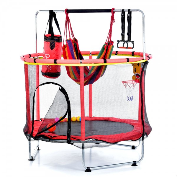 247746 Батут MS 4291-R червон.д.140, вис.,110см/160см,пруж. 36шт, баскет. кільце,гамак,груша,кульки, кор.