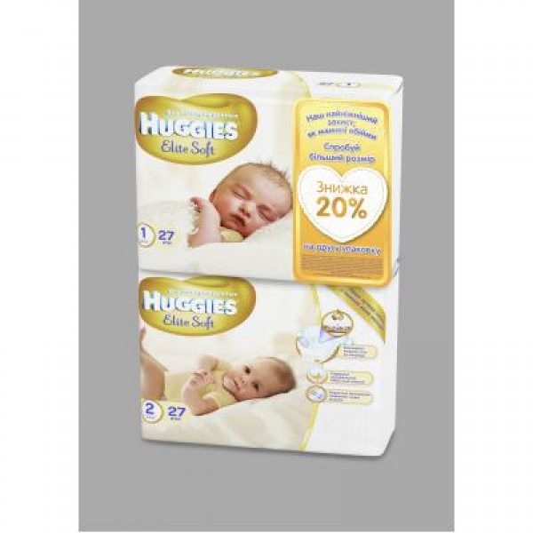 177750 Підгузники Huggies Elite Soft 1, 2-5 кг, 27 шт+ Elite Soft 2, 4-7 кг, 27 шт, -20%