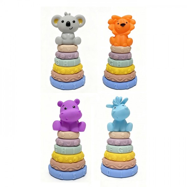 247825 Пірамідка KM331-1-2-3-4 17см,тварина(пискав),кільця6шт(текстур,пазли)м'яка,4в.у сіт.10-32-10см