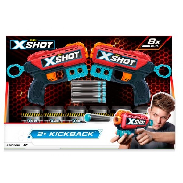 174801 X-Shot Red Набір швидкострільних бластерів EXCEL Double Kickback (2 бластира, 6 банок, 8 патронів), 36202R