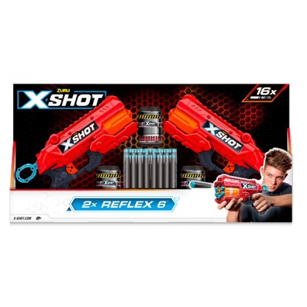 146888 X-Shot Red Набір швидкострільних бластерів EXCEL Reflex Double (2 бластера, 3 банки, 16 патронів), 36434R