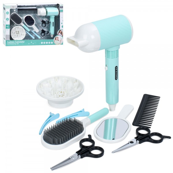 244112 Набір аксесуарів A2010-2 набір перукаря,фен-повітря,дзерк.,гребін.,ножиці,на бат.,в кор.,42-29,5-7см