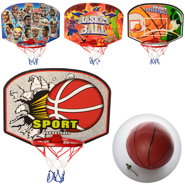 1422 Баскетбольне кільце M 2991 щит, кільце, м'яч, 4 види, сітка, 40-30-3 см.