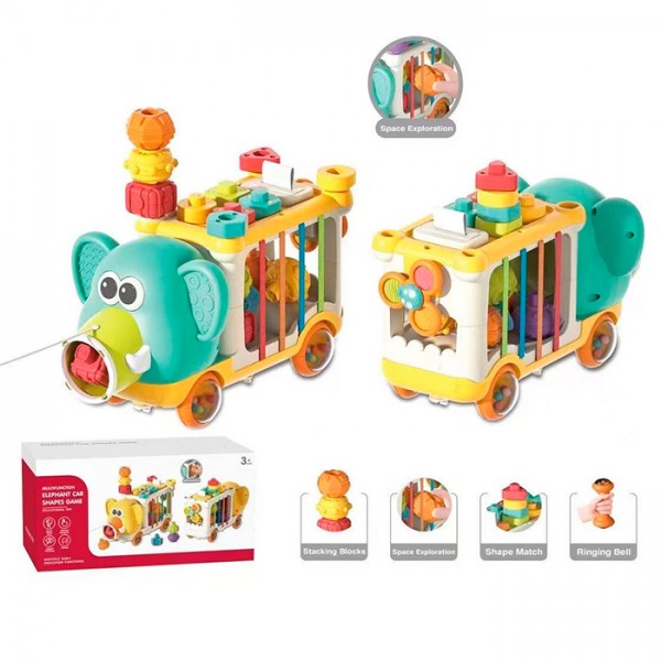 237605 Гра YL1303 машина,слон на колесах,каталка на шнурі,сортер,грань-резинки,спінер,2 кольори,кор.,31,5