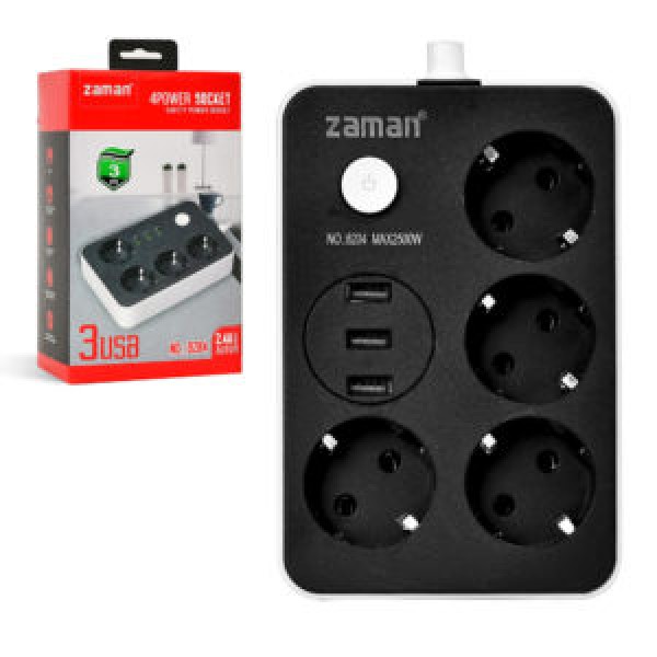 216609 Подовжувач 2500W 2м (4р 3USB з вимк) 18.6*10.8*7.5см R95598