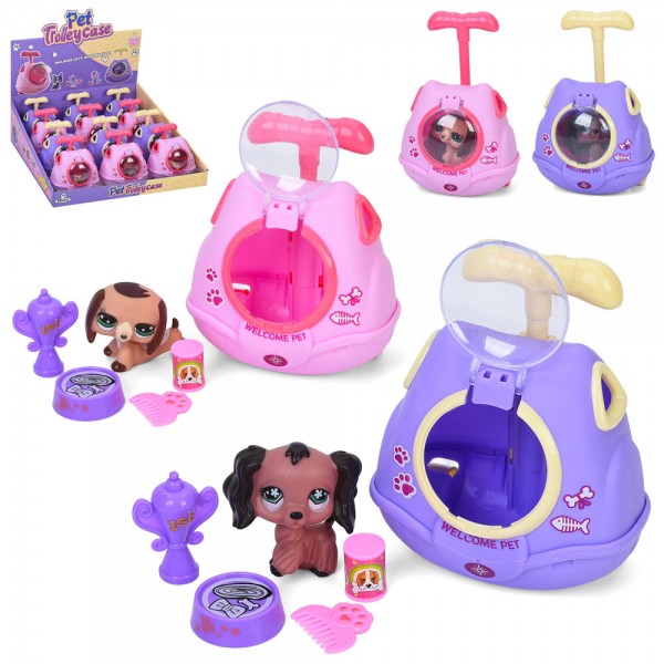247420 Тварина в переносці CL21195-8 (60шт) собака, 3 види собак 6см, аксесуари (сюрприз), 2 кольори переносок 13-12-8см, 12шт(3види) в дисплеї, 39-35-13см