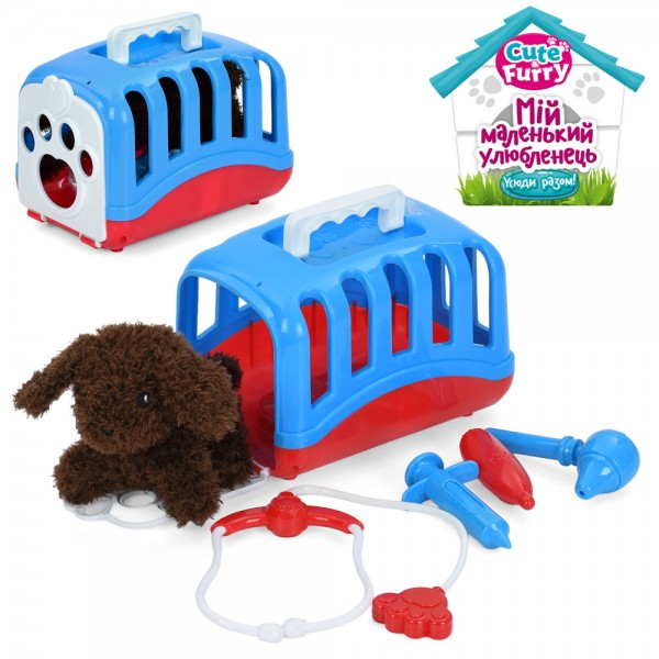 247421 Тварина в переносці S468A (36шт) собака, 15см, плюш, набір ветеринара (стетоскоп, мед.інструменти), переноска, 19-13-13см