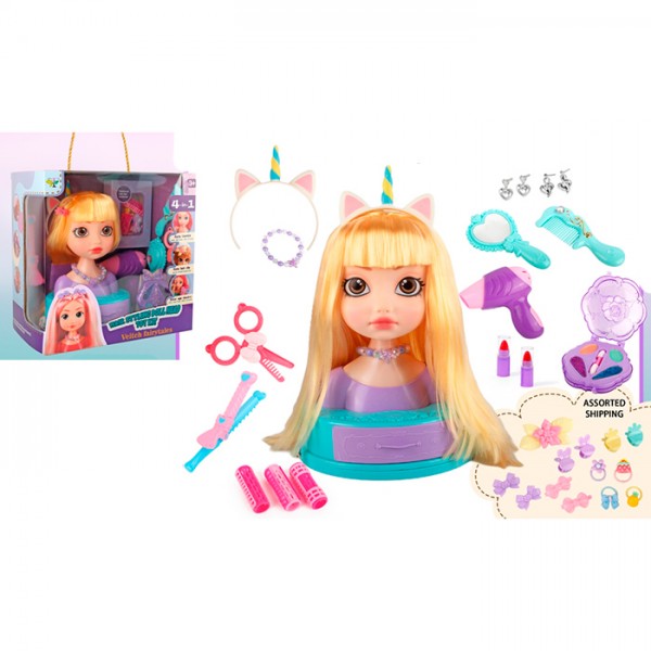 244155 Лялька голова для зачісок SR001 тіні, помада 2шт., набір перукаря, аксесуари, плойка,ножиці,фен,кор.