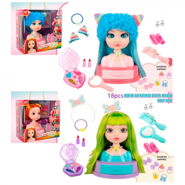 244156 Лялька голова для зачісок SR011-12 тіні, помада 2шт., набір перукаря, аксесуари,2 види,кор.,28-28-16