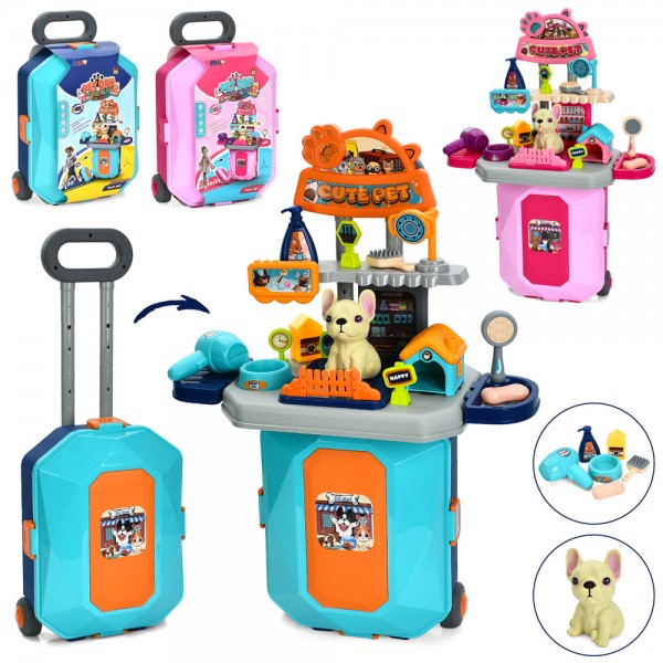 243742 Набір гральний «грумер» D57994-A стіл 46-24-66см,склад. в чемодан(ручка,2 колеса),фен, гребін.,аксес