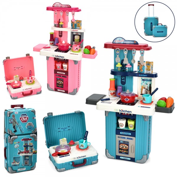 244920 Кухня 008-601-606A 3в1, плита,звук,світло,духовка,посуд,продукти,складається у чемодан,2 кольори,бат