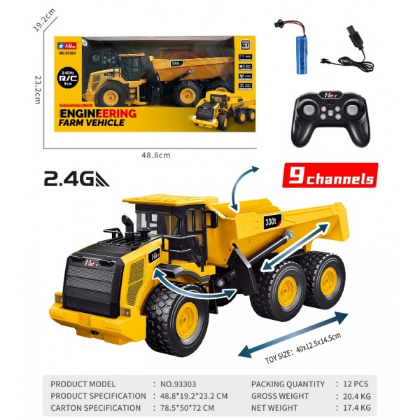262027 Спецтехніка 93303 радіокер. 2,4GHz, акум., самоскид, муз., світло, рухомі деталі, гум. колеса,USB