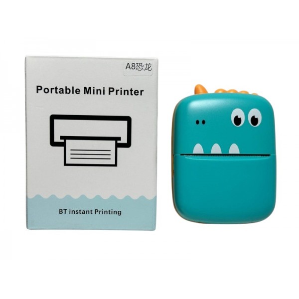 244488 Принтер A8 mini, портативний принтер, динозавр,10,5-8-4см, акум., USB зарядне, папір,в кор.,9-12-5см