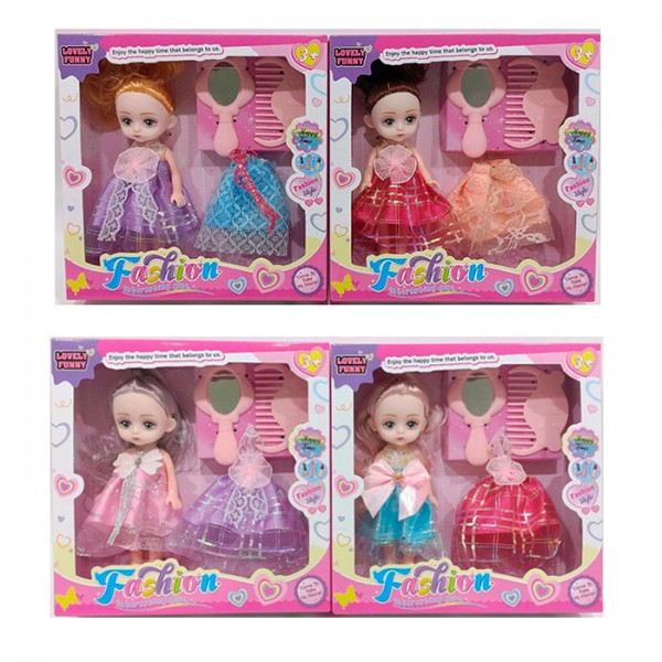 249037 Лялька 66060-27-28 гребінець, дзеркало, спідниця, 4 види, кор., 19-19-4,5 см.