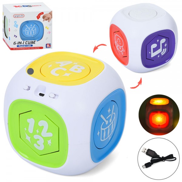 241263 Гра 211 музичний куб, 6в1, навчальний (літери, цифри,муз.),USB,акум.,муз.,світло,кор.,16,5-16-17см.