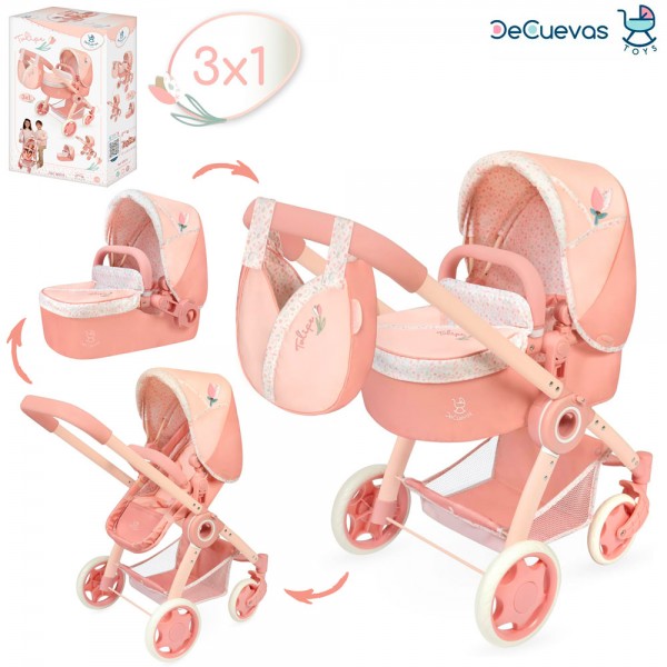 241373 Візок 80574 для ляльки, трансформер,3в1, люлька, кошик, сумка, метал, кор., 37-59-19,5 см.