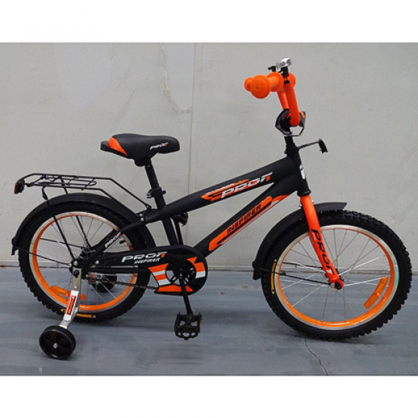 22089 Велосипед дитячий PROF1 G1652 16'', дзвінок, додаткові колеса, чорно-помаранчевий.