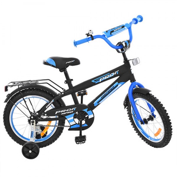 22091 Велосипед дитячий PROF1 G1653 16'', дзвінок, додаткові колеса, чорно-синій.
