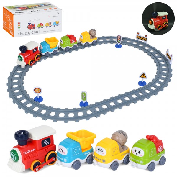 248968 Залізниця YE-301 локомотив(муз.,пара/дим,світло,їздить),вагон-будтехніка 3шт,магнітні кріплення,бат.