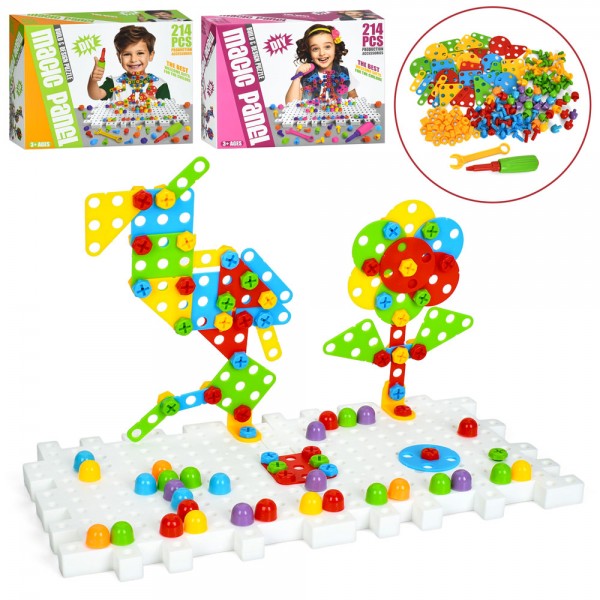 240045 Мозаїка 666-61-62 2в1, болти, ігровеполе(пазли, 2дет), інструменти, 214дет, 2 види, кор.,24,5-19-7см