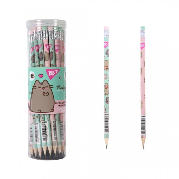 227871 Олівець Yes ч/гр круг. з ласт. у пл. тубе, 36шт/уп "Pusheen" 2 диз. мікс