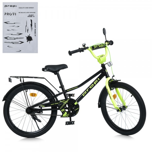 222088 Велосипед дитячий PROF1 20д. MB 20015-1 PRIME,SKD75,дзвін.,ліхтар,багажник,підніжка,чорно-салатовий.