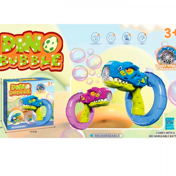 249047 Мильні бульбашки BE-001B пістолет(динозавр)світ,акум,USB,запас.2 кольори.кор.19,5-20-11,5см