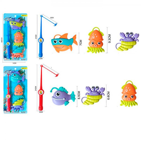 249051 Риболовля QF555B вудка 1шт, морськи мешканці 3шт., 2 види/мікс кольорів, лист, 14-28-3 см.
