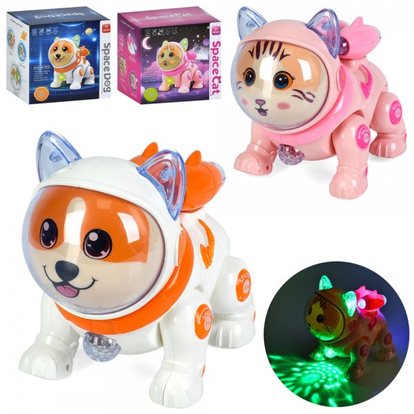 241550 Музична іграшка QF378-2-4 тварина-космонавт, ходит, 2 види(собака,кіт),муз.,світло,бат.,кор.,18-17,5