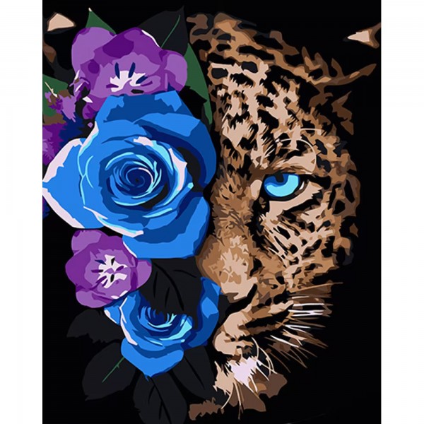 162995 Набір для розпису по номерах Леопард у квітах Strateg на чорному фоні розміром 40х50 см (AH1033)