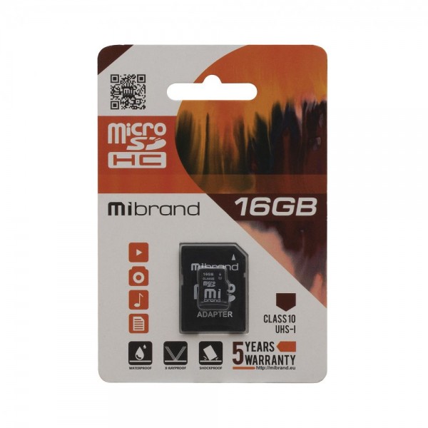 144832 Карта Пам'яті Mibrand MicroSDHC 16gb 10 Class & Adapter (Чорний)