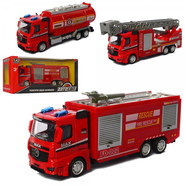 92807 Машинка AS-2124 АвтоСвіт, мет., інерц., пожежна, 1:43, 3 види, кор., 25-11-7 см.