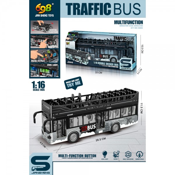 259483 Автобус JS122A двоповерховий, 28,5см,1:16, інерція,звук,світ.гумові колеса, відчин.двері.бат.кор.