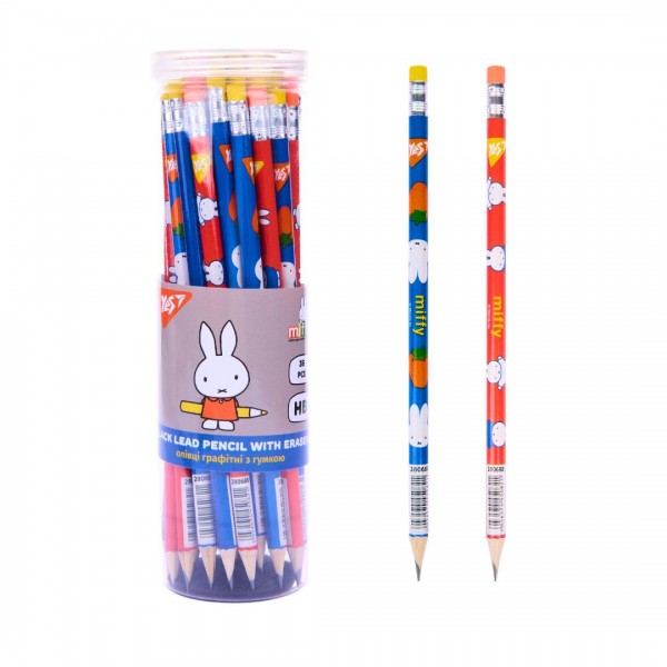 228071 Олівець Yes ч/гр круг. з ласт. у пл. тубе, 36шт/уп "Miffy" 2 диз. мікс