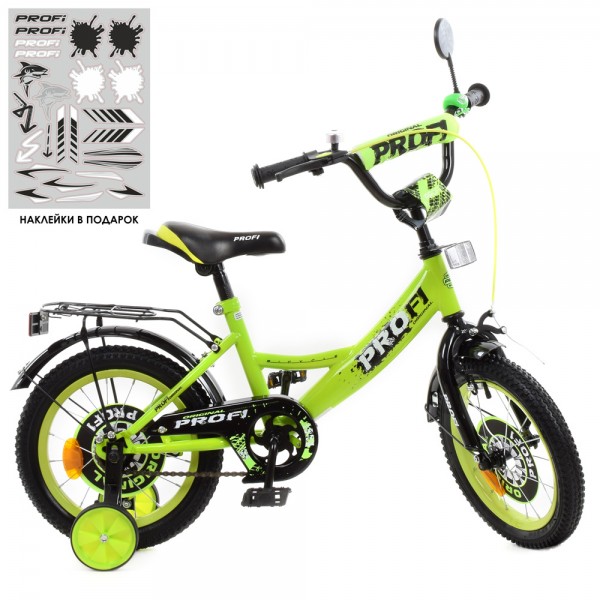 125067 Велосипед дитячий PROF1 14д. Y1442-1 Original boy, SKD75, дзвінок, ліхтар,дод.колеса,салатово-чорний