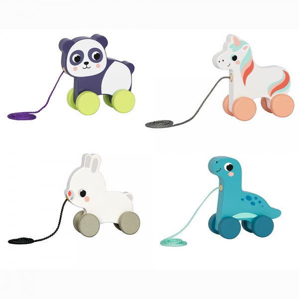221174 Дерев'яна іграшка HP010 каталка на шнурі, тварина, на колесах, 4 види, 11-12-4 см.