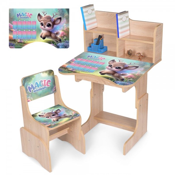 245231 Парта N 2071-27-3 зі стільчиком,69,5х44,5см,рег.вис.56,5/67,5см,магічне оленятко,таб.множ,дуб сонома