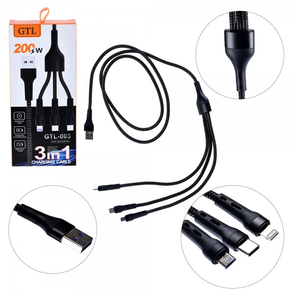 253990 Кабель GTL 3-in-1 USB to Lightning+Micro+Type-C 200W 1.2м, WL-1441