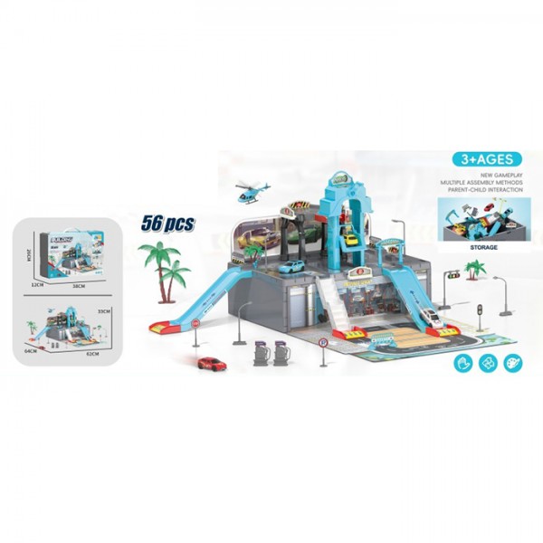 246182 Гараж A245 62-64-в33см, ліфт(механічний), машинка 7см 4шт, вертоліт, дорожні знаки, дерева, 56дет,