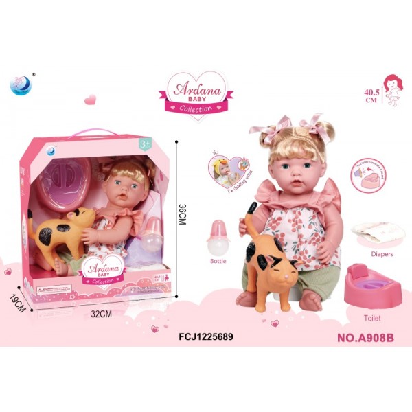 244514 Лялька AKG-0048 п'є-пісяє, горщик-муз., пляшечка, підгузок, кіт, бат.(табл), кор., 32-36-19 см.