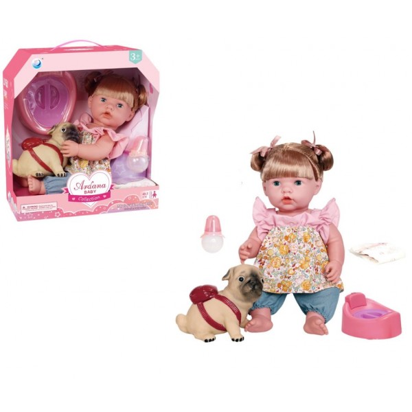 244515 Лялька AKG-0051 п'є-пісяє, горщик-муз., пляшечка, підгузок, собака, бат.(табл), кор., 32-36-19 см.