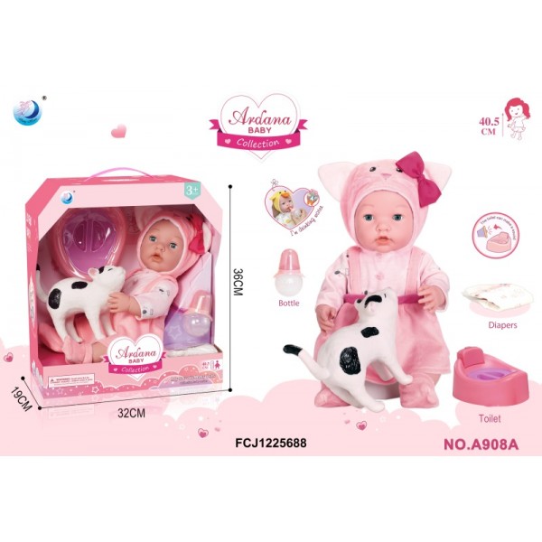 244495 Пупс AKG-0047 п'є-пісяє, горщик-муз., пляшечка, підгузок, кіт, бат.(табл), кор., 32-36-19 см.