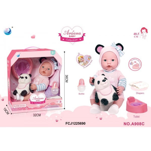 244496 Пупс AKG-0049 п'є-пісяє, горщик-муз., пляшечка, підгузок, панда, бат.(табл), кор., 32-36-19 см.