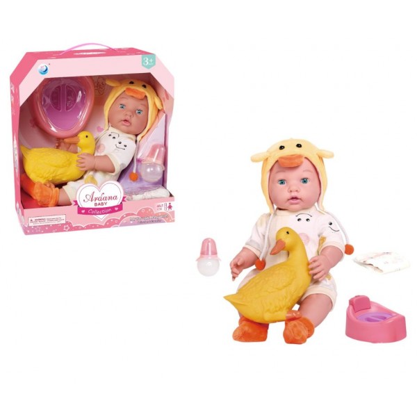 244497 Пупс AKG-0050 п'є-пісяє, горщик-муз., пляшечка, підгузок, качка, бат.(табл), кор., 32-36-19 см.