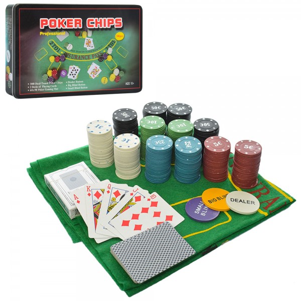 63027 Настільна гра A164 покер, 300 фішок (з номін.-5 видів, пласт.), 2 к. карт., сукно, кор. (мет.), 33-2