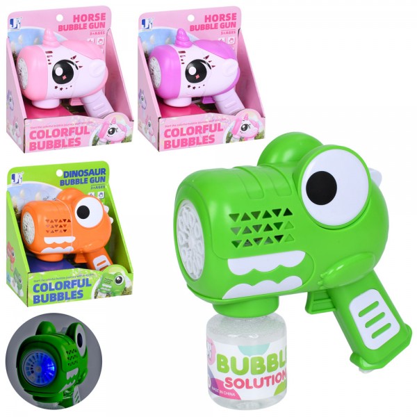 249106 Мильні бульбашки P82358-68 пістолет,світло,запаска.2 види(динозавр,єдиноріг)мікс кольор.бат.кор.