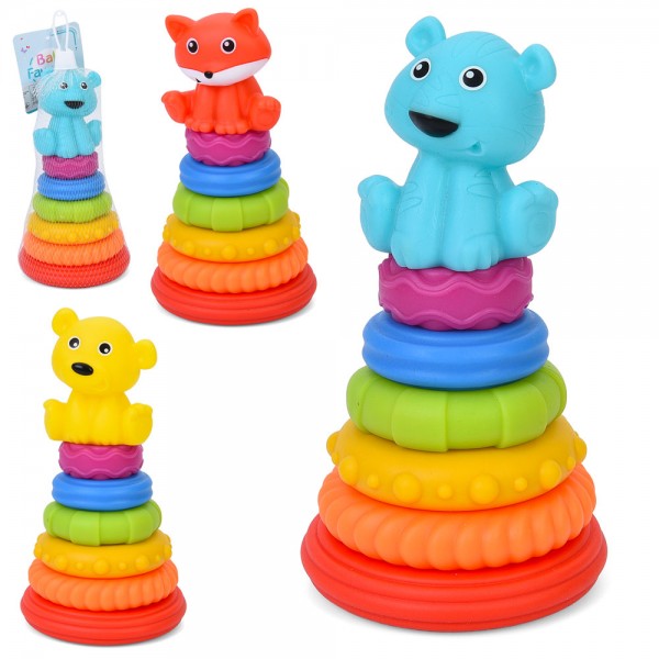 246200 Пірамідка 638-112 18,5см, кільця-пазли 5шт (текстурні), 3 види, в сітці, 24-10-10см