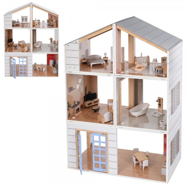 245048 Дерев'яна іграшка Будиночок MD 0750 60,5-30-в90см, 3 поверхи, меблі, в кор-ці, 65,5-35,5-20см